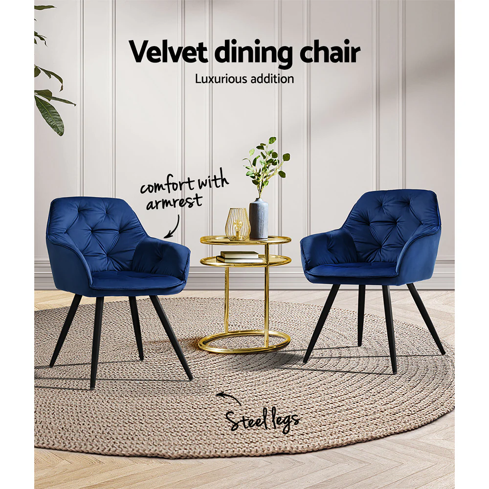 Everly Set of 2 Dining Chairs Velvet Diamond Tufted Armchair - Blue - Nurns
