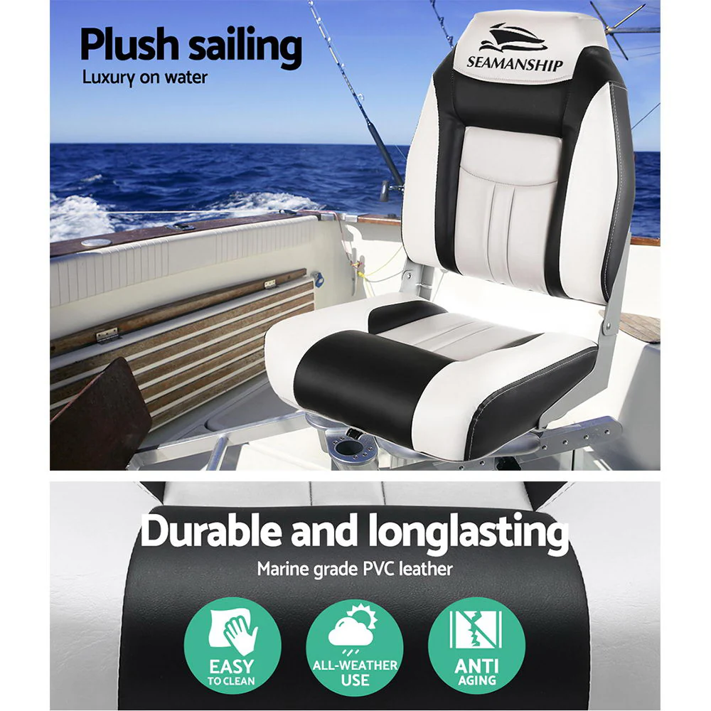 Set of 2 Folding Boat Seats Marine Seat Swivel High Back 12cm Padding Grey - Nurns