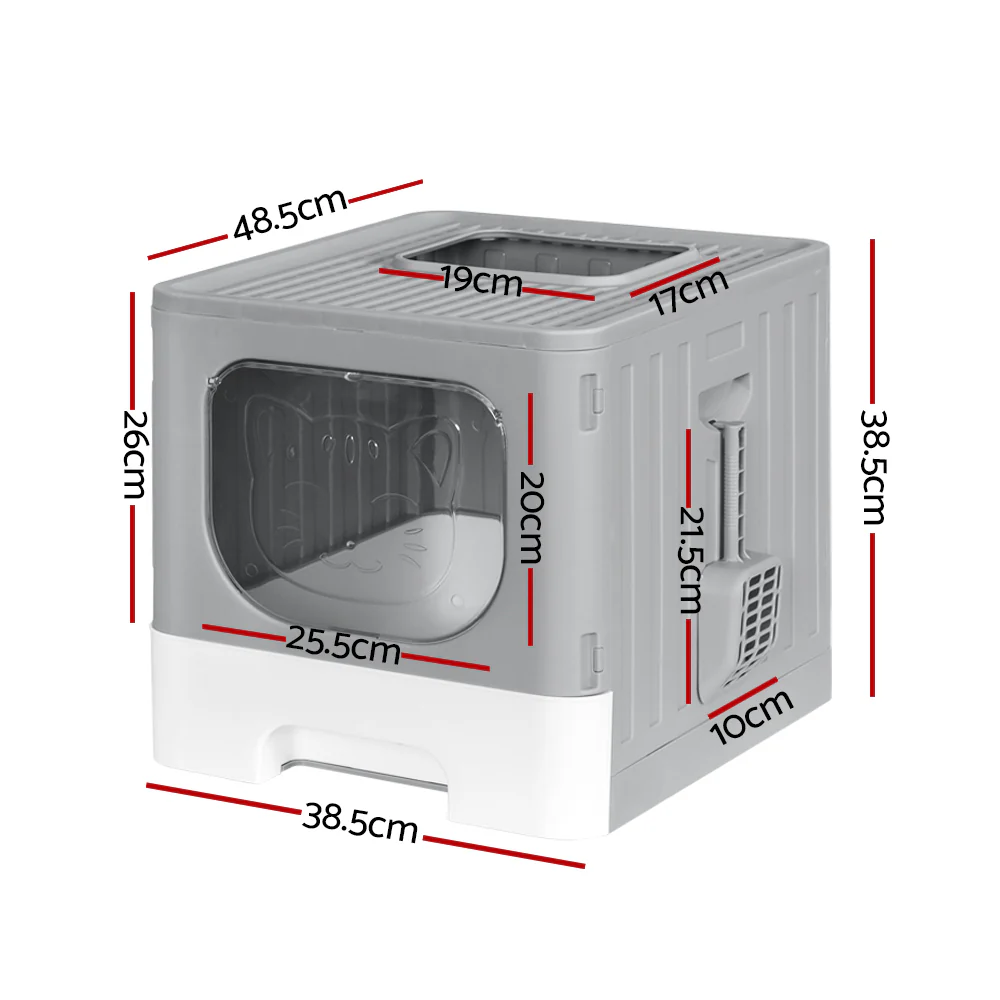 Cat Litter Box Large Tray Kitty Toilet Enclosed Hooded Foldable Scoop - Grey - Nurns