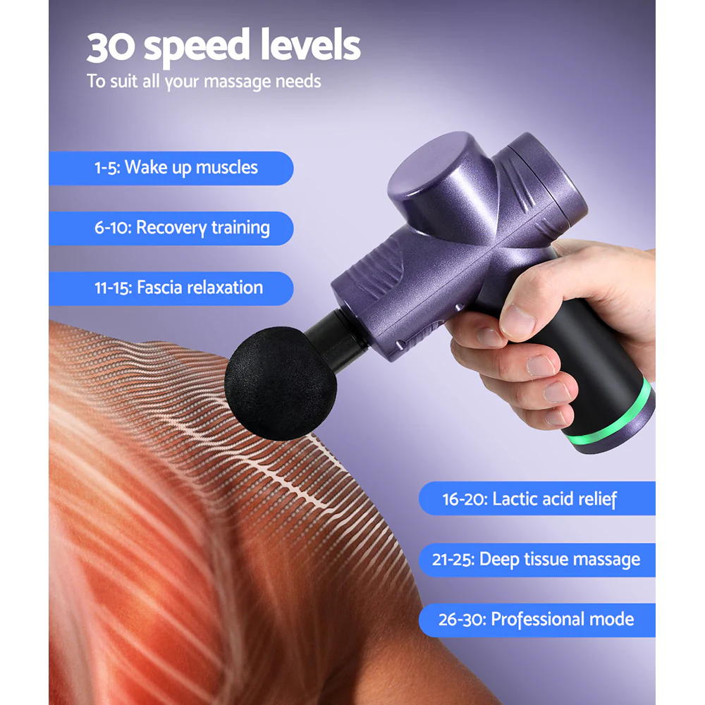 Everfit 30 Speed Massage Gun 4 Heads Vibration Muscle Massager Chargeable Purple - Nurns