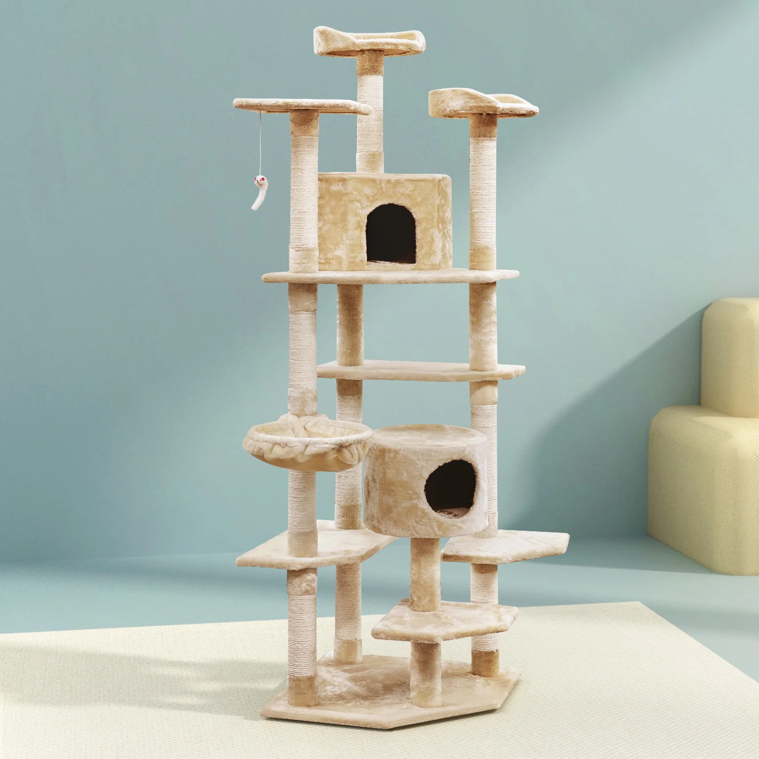 Cat Tree 203cm Trees Scratching Post Scratcher Tower Condo House Furniture Wood - Beige - Nurns