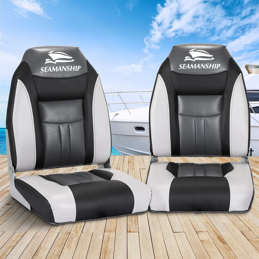 Set of 2 Folding Boat Seats Marine Seat Swivel High Back 12cm Padding Black - Nurns