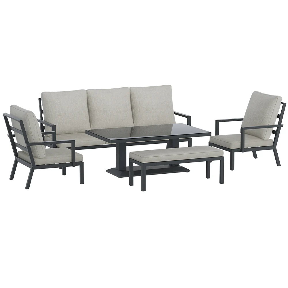 Arlo 7-Seater Lounge Set Garden Patio Aluminium Bench with Cushions 5-Piece Outdoor Sofa - Black - Nurns