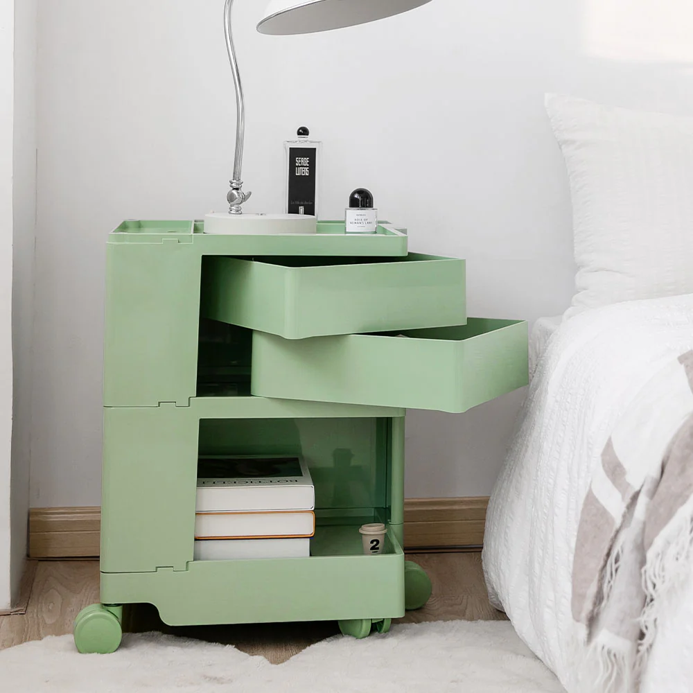 Vernon PP Plastic Bedside Tables Side Tables Nightstand Organizer Replica Boby Trolley 3 Tier with 2 Drawers - Green - Nurns
