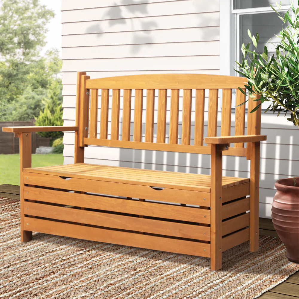 Thaloc Outdoor Storage Bench Box Wooden Garden Chair 2 Seat Timber Furniture - Natural - Nurns