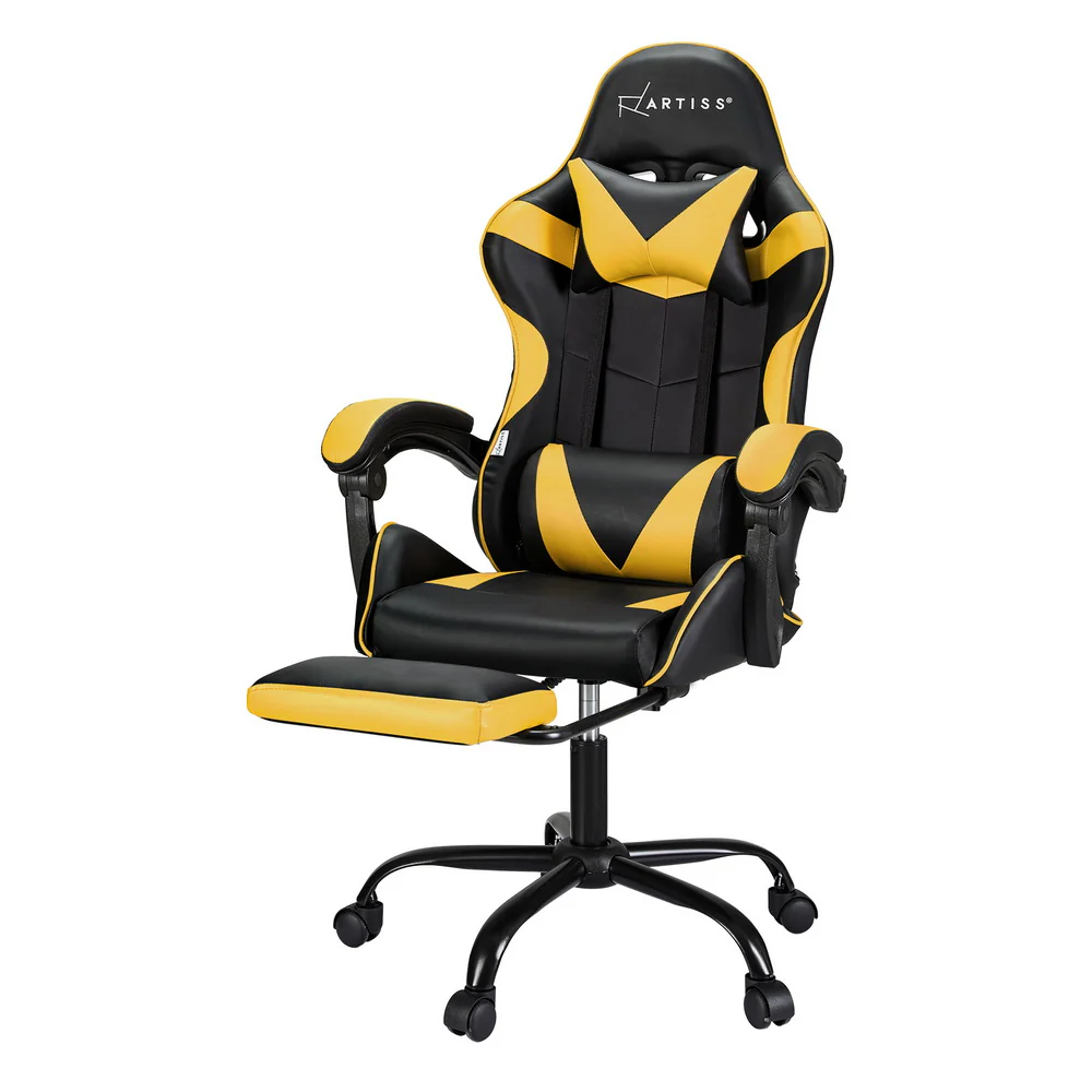 Artiss 2 Point Massage Gaming Office Chair Footrest Yellow - Nurns