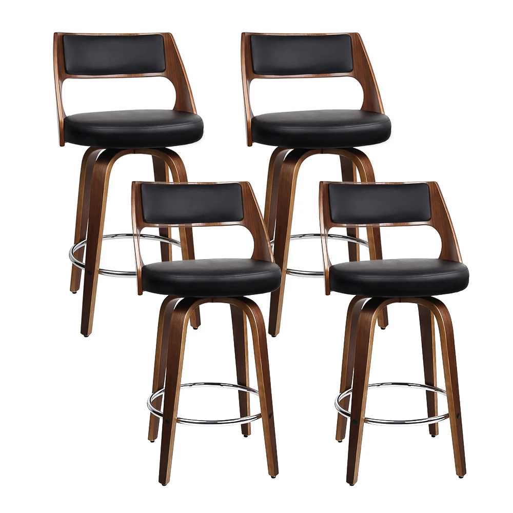 Set of 4 Kastoria Wooden Bar Stools PU Leather - Black & Wood - Nurns