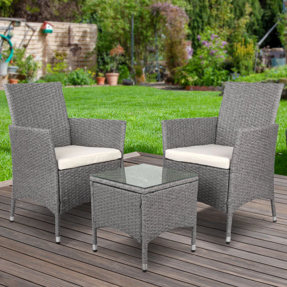 Noah 2-Seater Chair Side Table Furniture 3-Piece Wicker Outdoor - Grey - Nurns