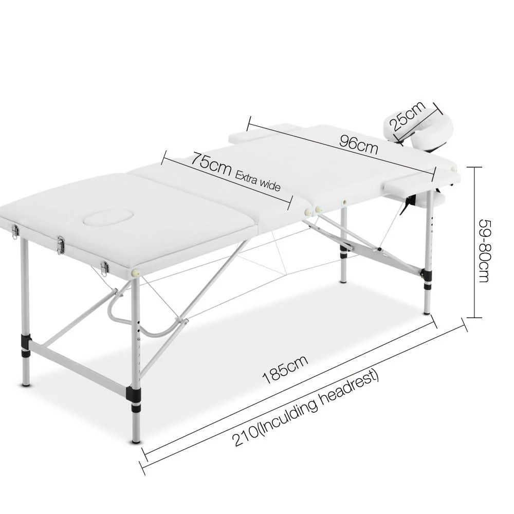 Massage Table 75cm 3 Fold Aluminium Beauty Bed Portable Therapy White - Nurns