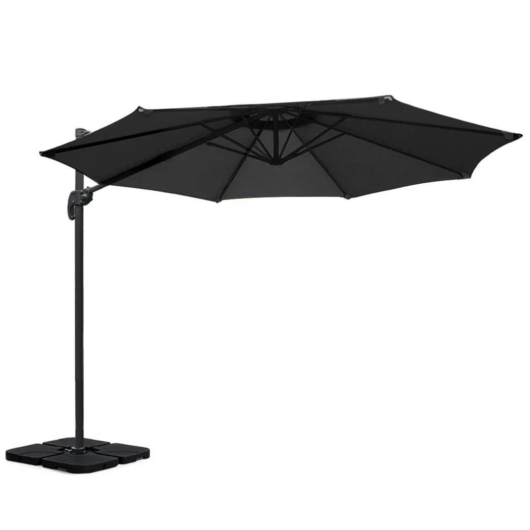 Instahut 3m Outdoor Umbrella w/Base Cantilever Beach Roma 360 Degree Tilt Black - Nurns