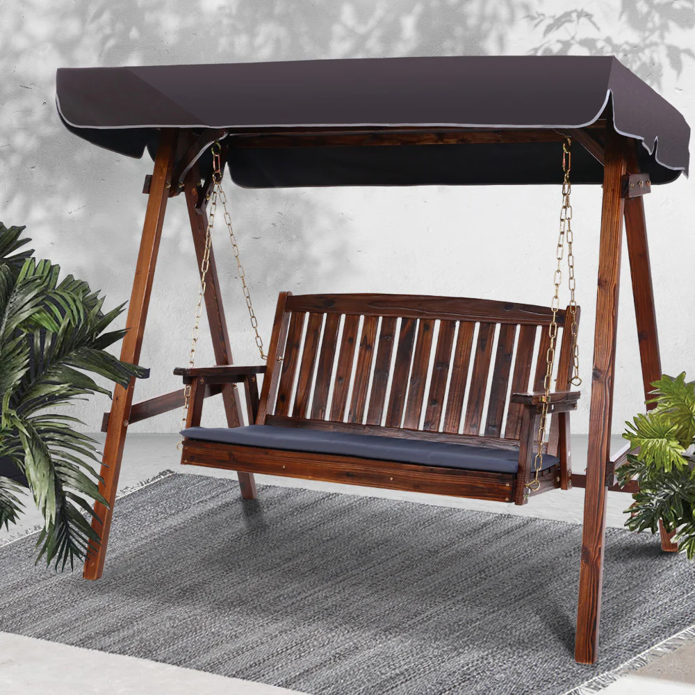 Fince 3 Seater Wooden Swing Chair Garden Bench Canopy - Charcoal - Nurns