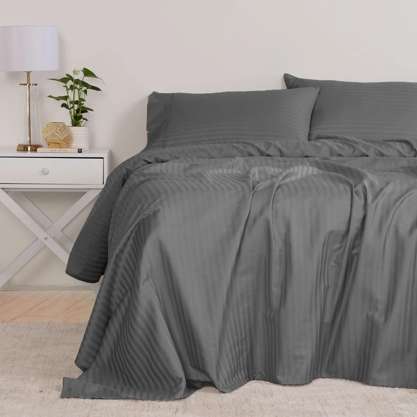 Queen Kensington 1200TC Cotton Sheet Set Stripe - Charcoal - Nurns