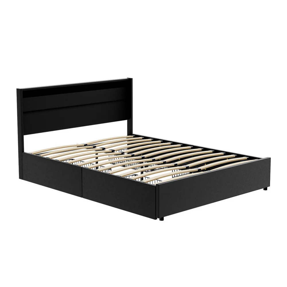 Hanny Bed Frame LED with 4 Drawers - Black Queen - Nurns