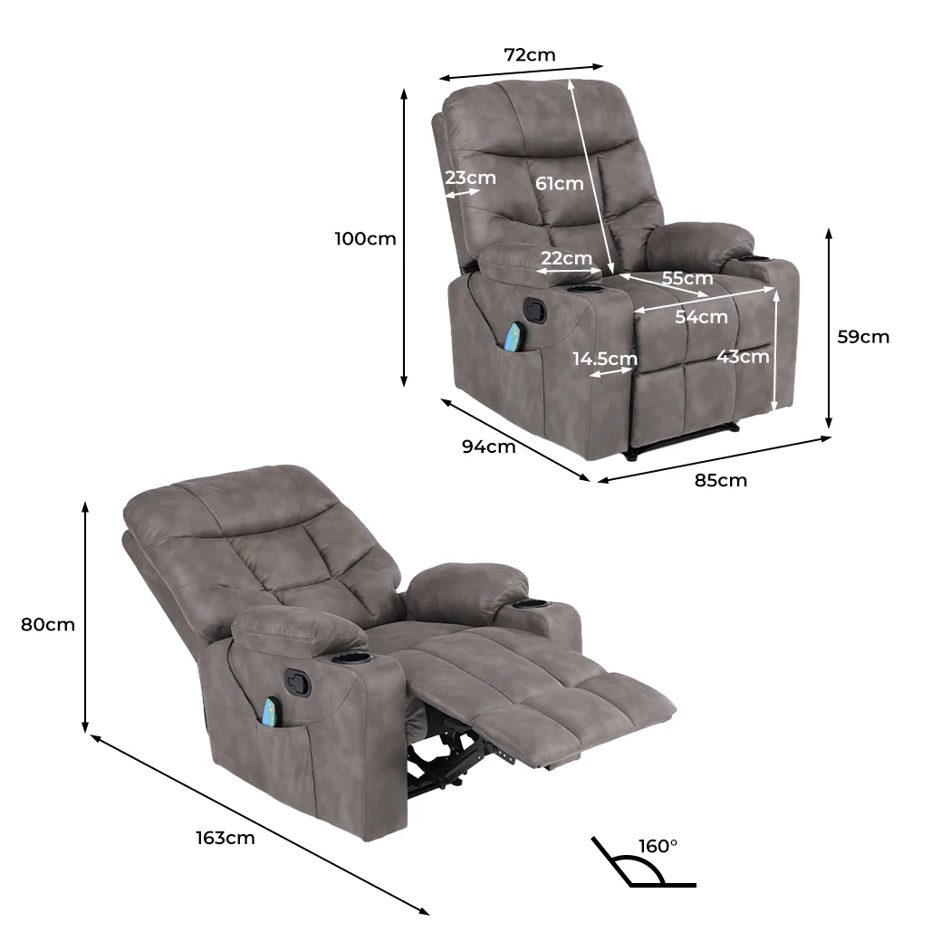 Pax Electric Massage Recliner Chair Heated 8-point Lounge Armchair - Grey - Nurns