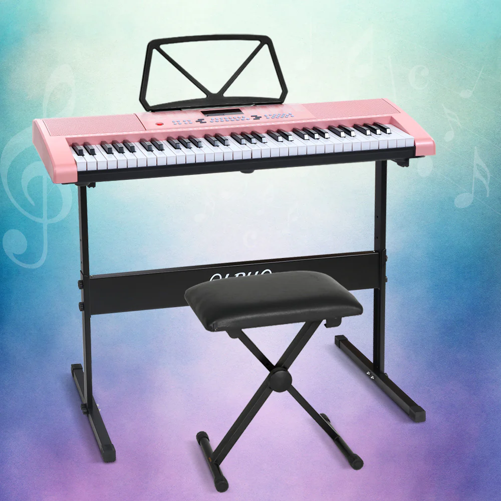 Alpha 61 Keys Electronic Piano Keyboard Digital Electric w/ Stand Stool Pink - Nurns