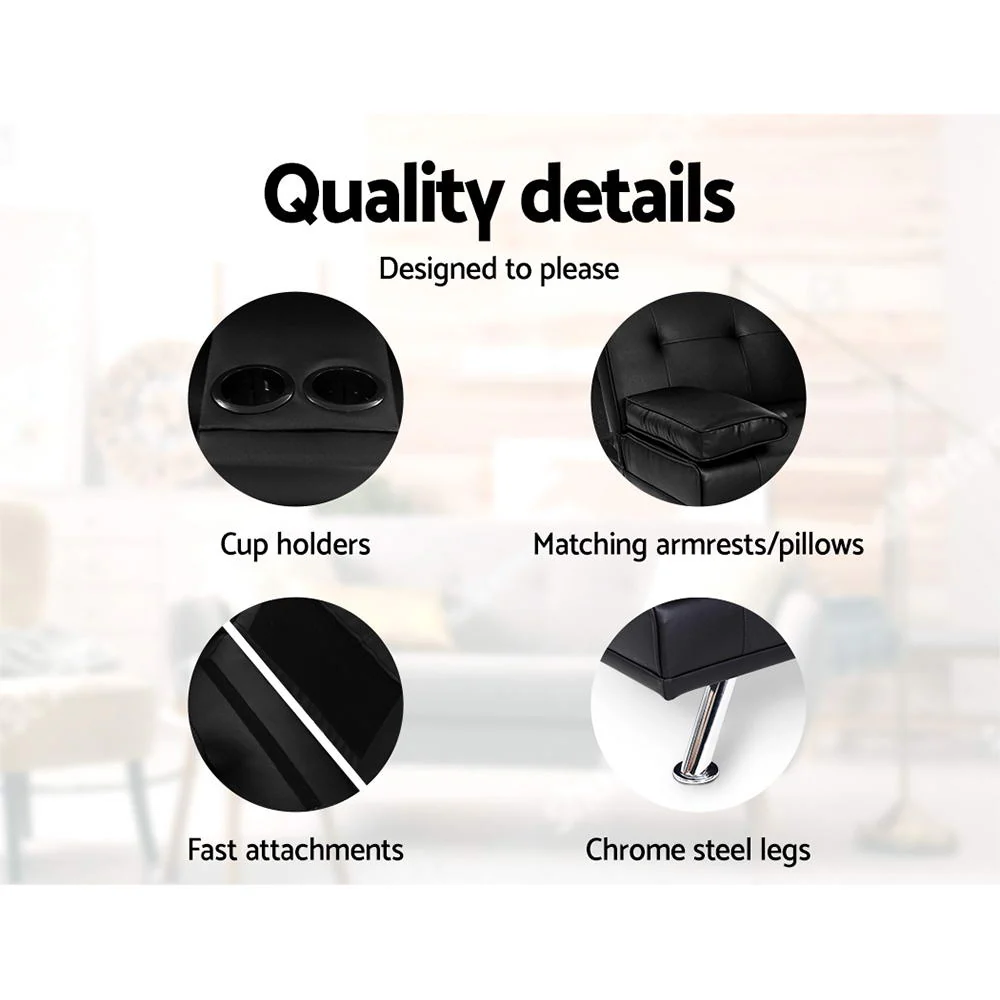 Madaline 2-Seater Leather Cup Holder Futon Sofa Bed Lounge Couch - Black - Nurns