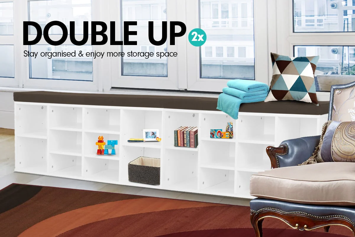 Sarantino Shoe Rack Cabinet Organiser Brown Cushion Bench Stool - 104 X 30 X 45 - White - Nurns