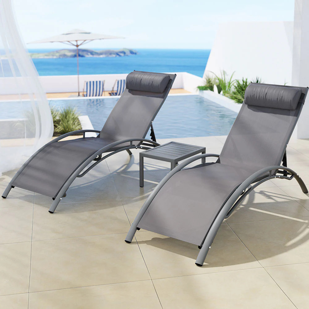 Graysen 3-Piece Sun Lounge Outdoor Lounger Steel Table Chairs Patio Furniture - Grey - Nurns