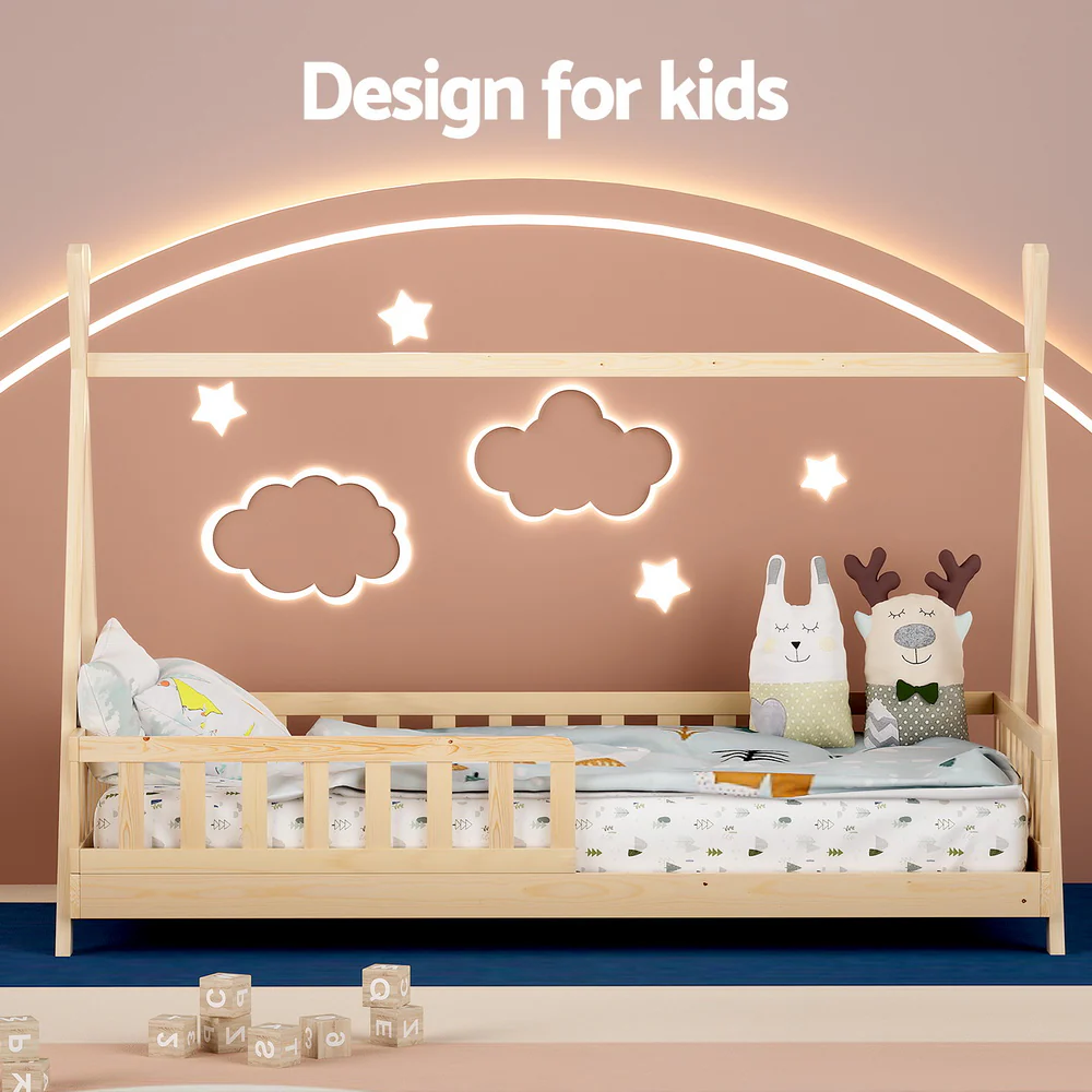 Nivena Bed Frame Wooden Kids House Frames - Oak Single - Nurns