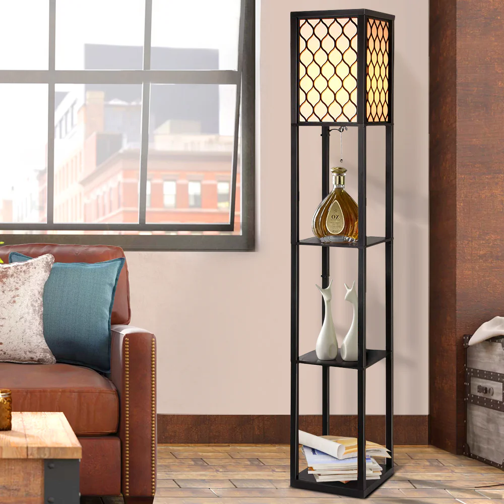 Floor Lamp 3 Tier Shelf Storage LED Light Stand Home Room Pattern - Black - Nurns