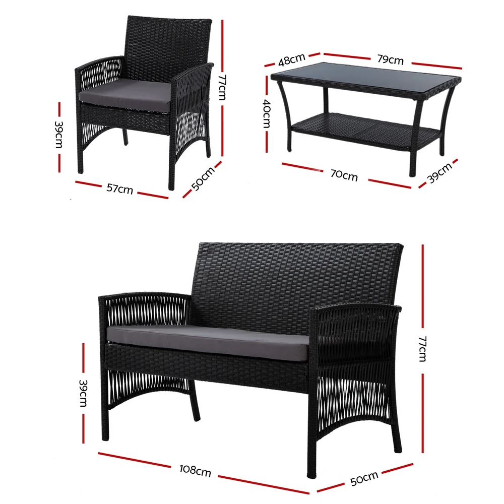 Luis 4-Seater Wicker Harp Chair Table Garden Furniture 4-Piece Outdoor Sofa Set - Black - Nurns