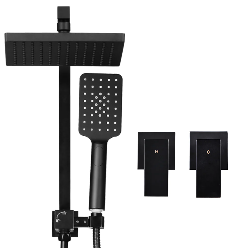 8'' Rain Shower Head Set Handheld Square High Pressure Twins Tap - Black - Nurns