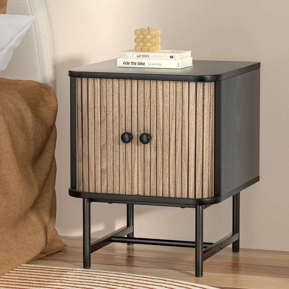 Jerome Wooden Bedside Tables Side End Slidng Doors Storage Nightstand - Black & Pine - Nurns