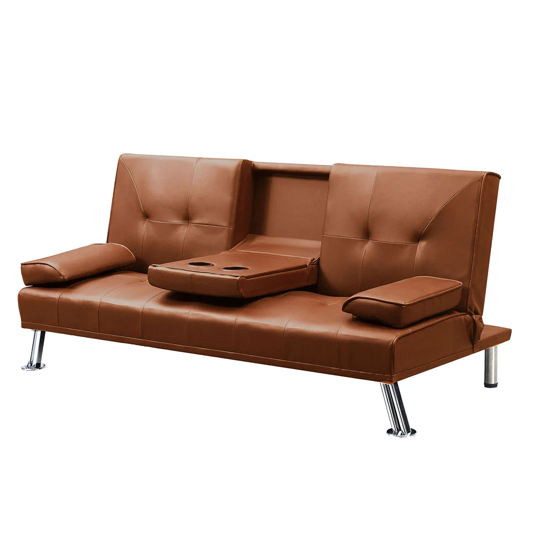 Marny 3-Seater Adjustable Sofa Bed Lounge Futon Couch Leather Beds Cup Holder Recliner - Brown - Nurns