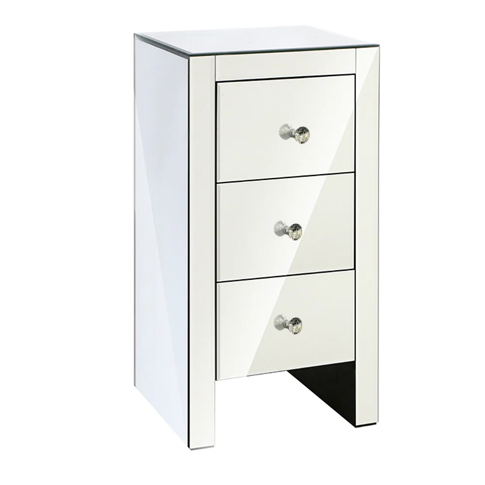 Rouyn Mirrored Bedside Tables Mirrored Furniture Mirror Glass with 3 Drawers - Silver - Nurns