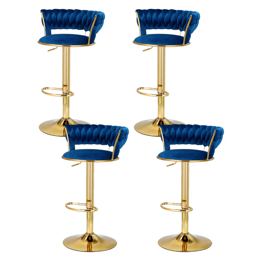 Set of 4 Saldus Bar Stools Gas Lift Velvet Woven Backrest - Navy - Nurns