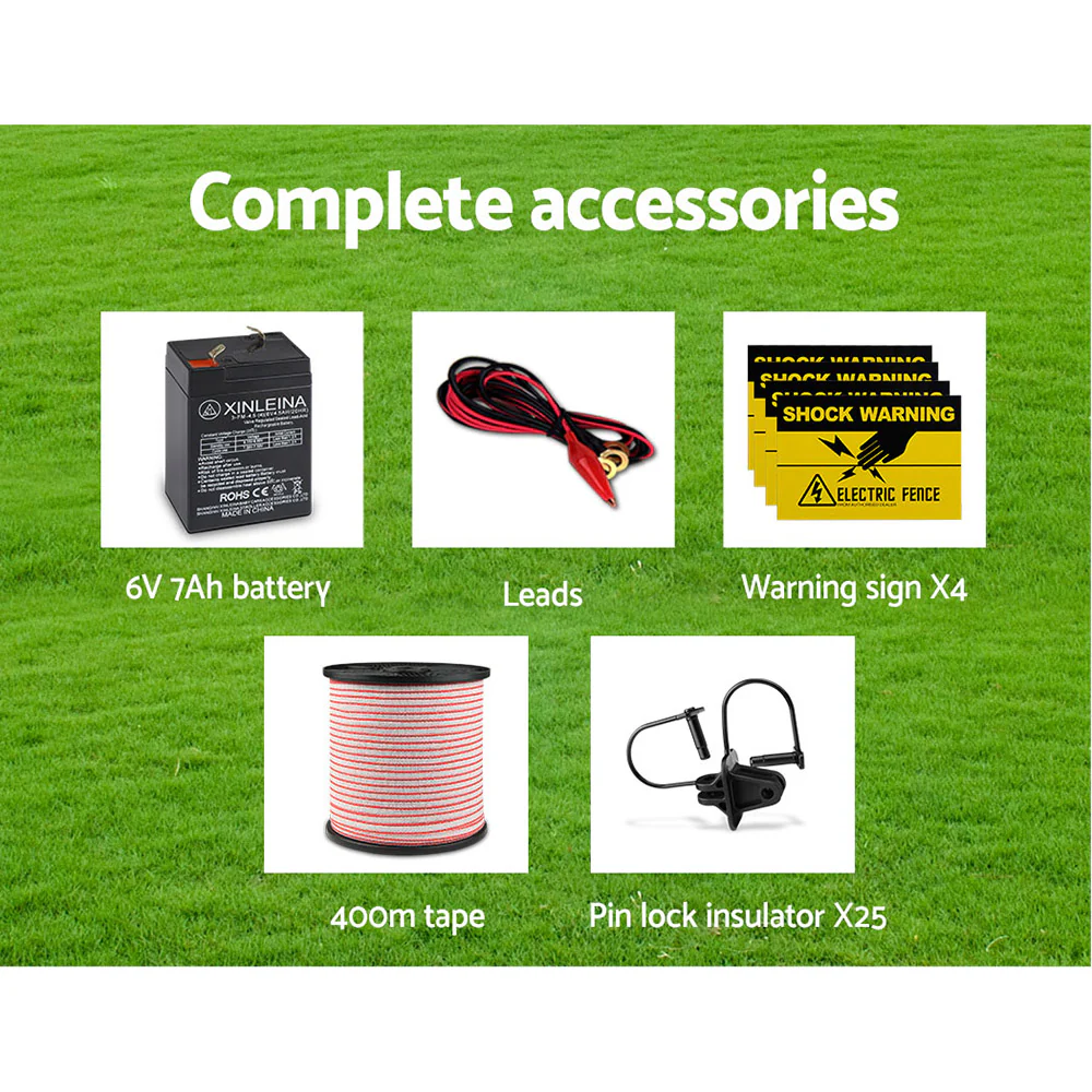 8km Solar Electric Fence Energiser Charger with 400M Tape and 25pcs Insulators - Nurns
