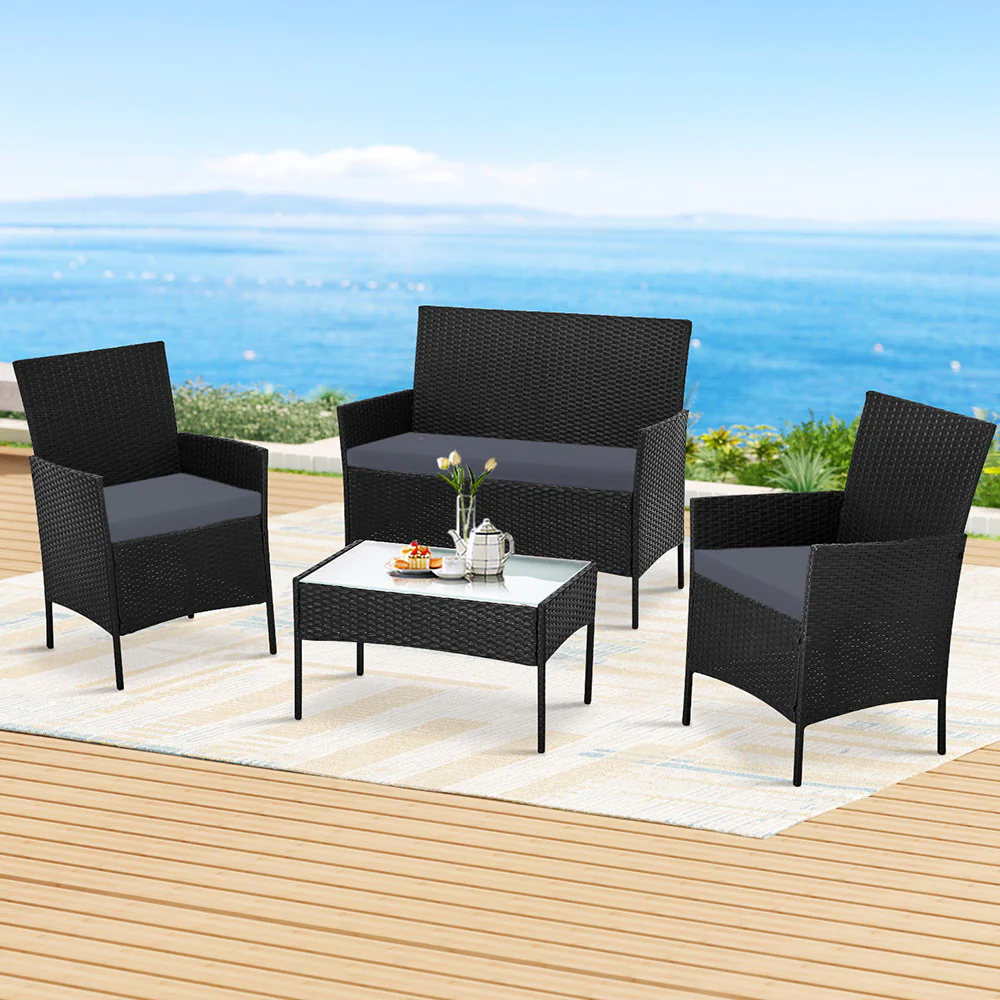 Justin 4-Seater Wicker Setting Table Chair Furniture 4-Piece Outdoor Sofa Set - Black - Nurns