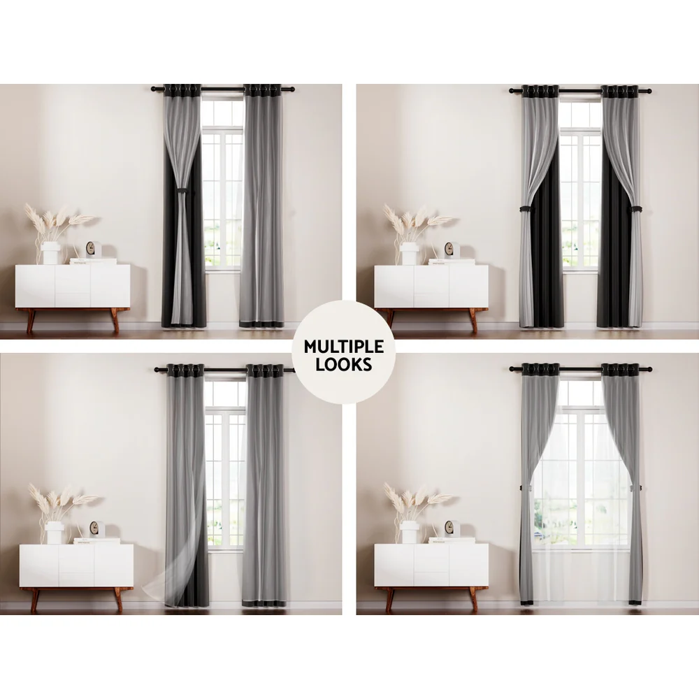 Set of 2 132x274cm Blockout Sheer Curtains Black - Nurns