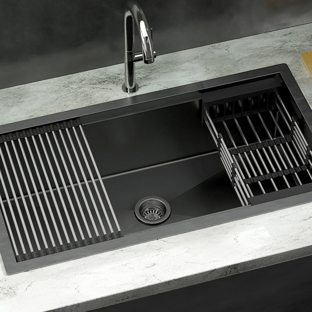 Kitchen Sink 81X45CM Stainless Steel Single Bowl Drain Rack Basket Black - Nurns