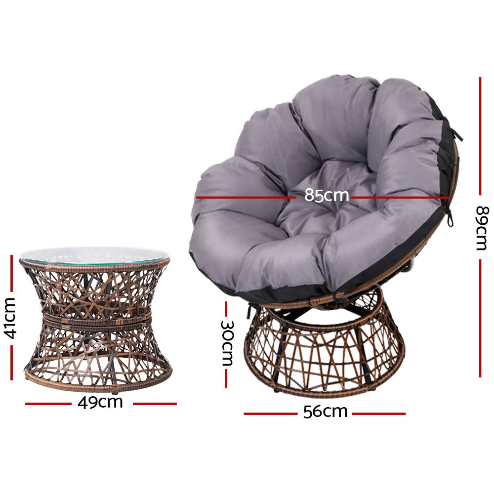 Outdoor Lounge Setting Papasan Chair Wicker Table Garden Furniture - Brown - Nurns
