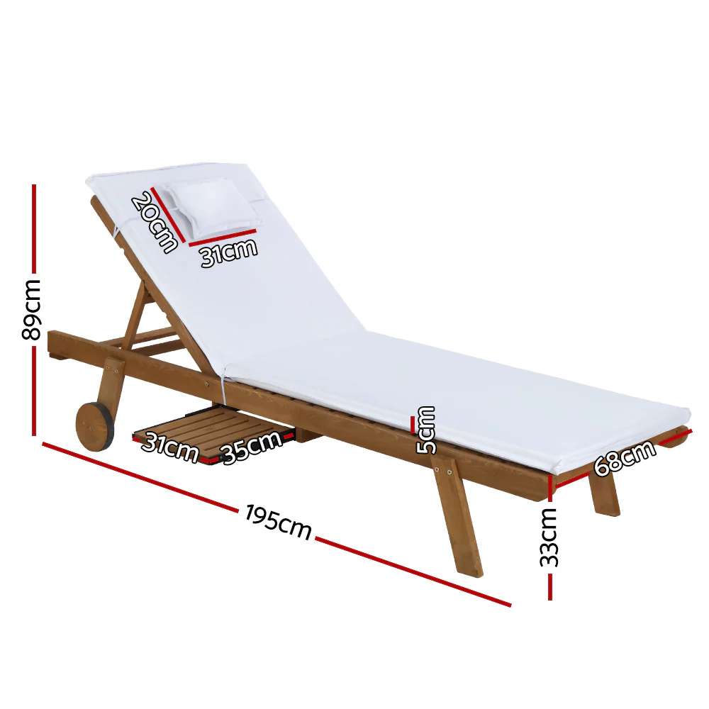 Manchester Set of 2 Outdoor Sun Lounger Wooden Lounge Day Bed Patio Outdoor Setting Furniture with Wheels - White - Nurns