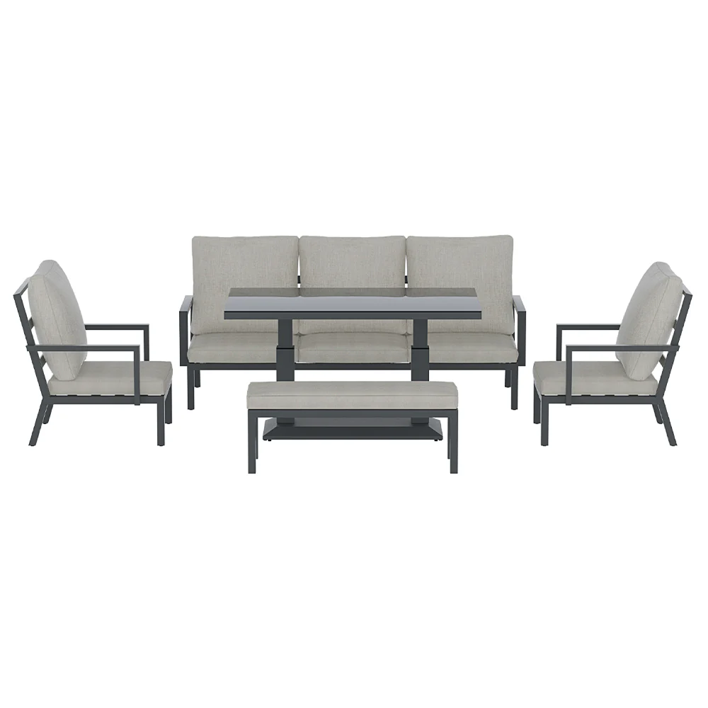 Arlo 7-Seater Lounge Set Garden Patio Aluminium Bench with Cushions 5-Piece Outdoor Sofa - Black - Nurns