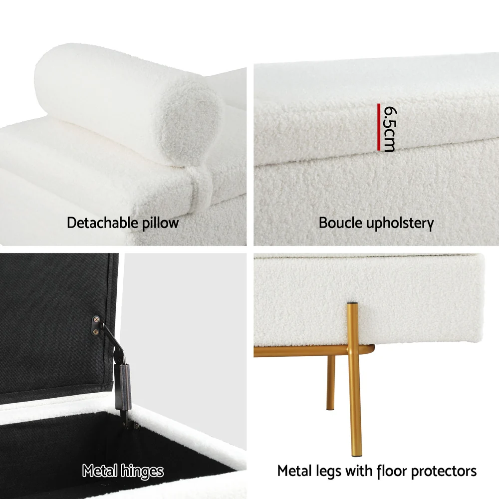 Storage Ottoman Bed 140cm Pillow Bouclé Fabric - White - Nurns