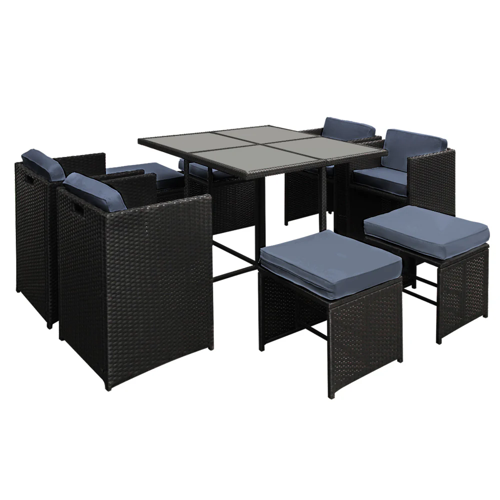 Corbridge 8-Seater Wicker 9-Piece Outdoor Dining Set - Black - Nurns