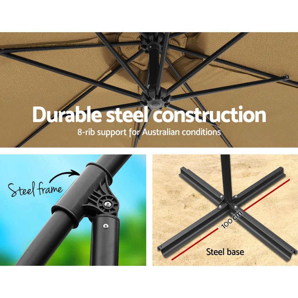 Instahut 3m Outdoor Umbrella w/Base Cantilever Beach Garden Patio Beige - Nurns