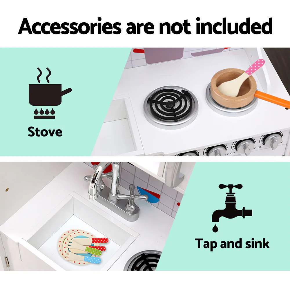 Kids Kitchen Set Pretend Play Food Sets Childrens Utensils Wooden White - Nurns