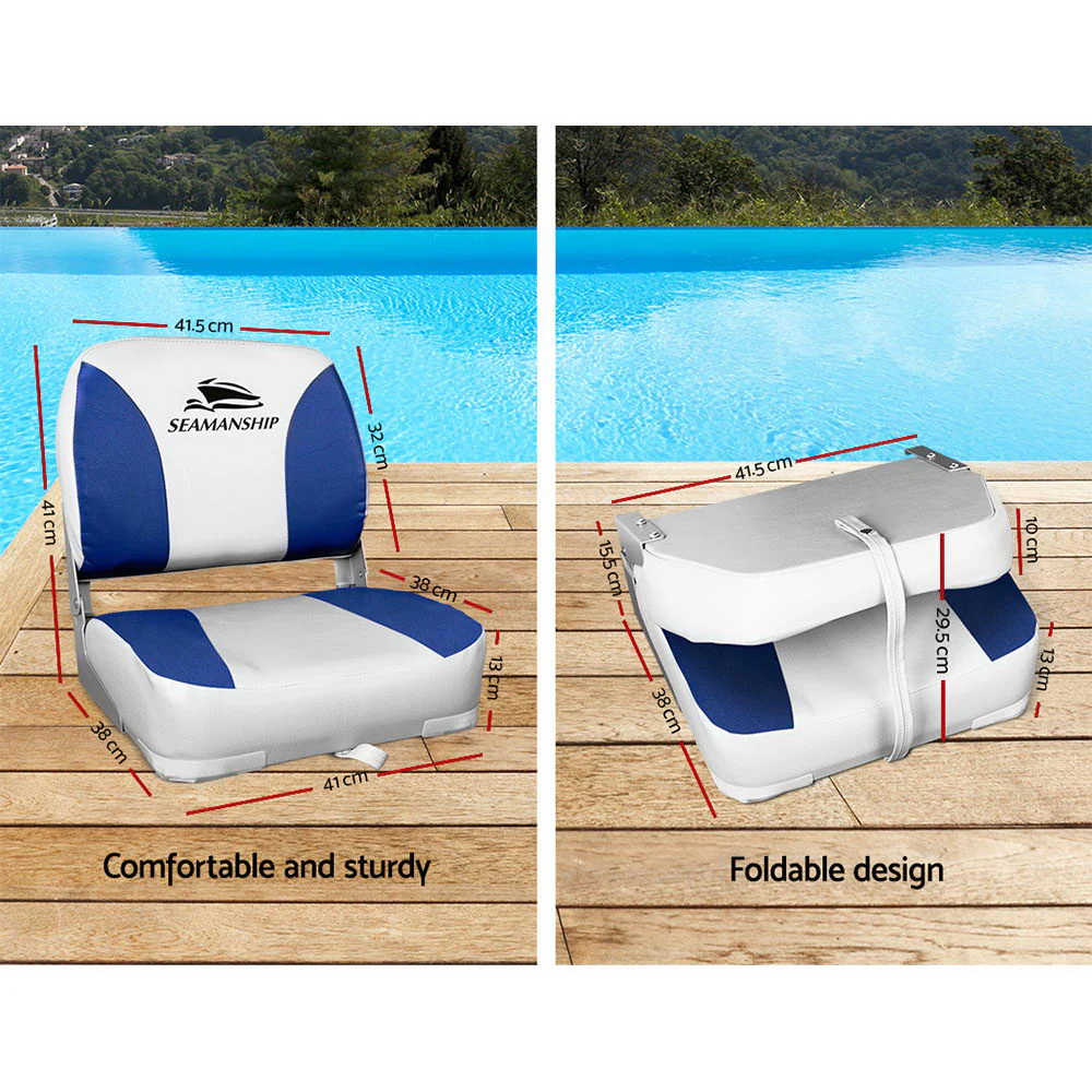 Set of 2 Folding Boat Seats Marine Swivel Low Back 13cm Padding White Blue - Nurns