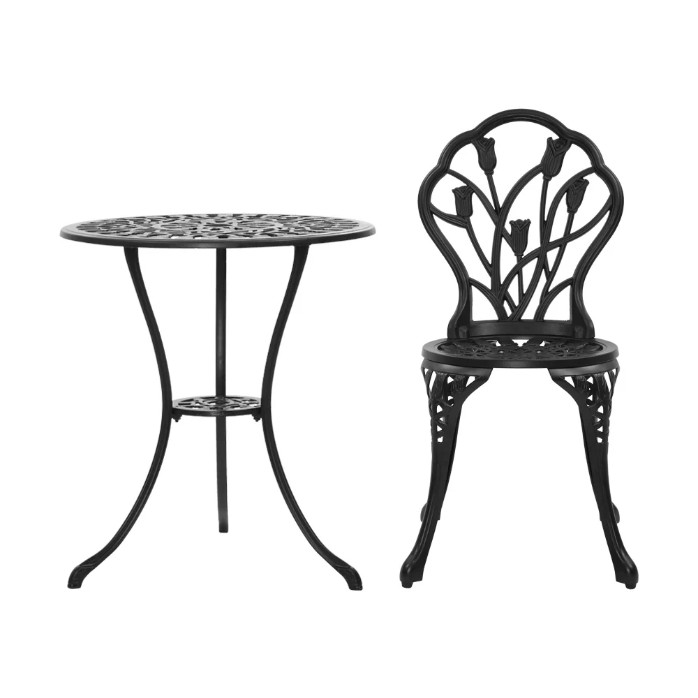 Ciaran 2-Seater Cast Aluminium Table Chair Patio 3-Piece Outdoor Setting - Black - Nurns