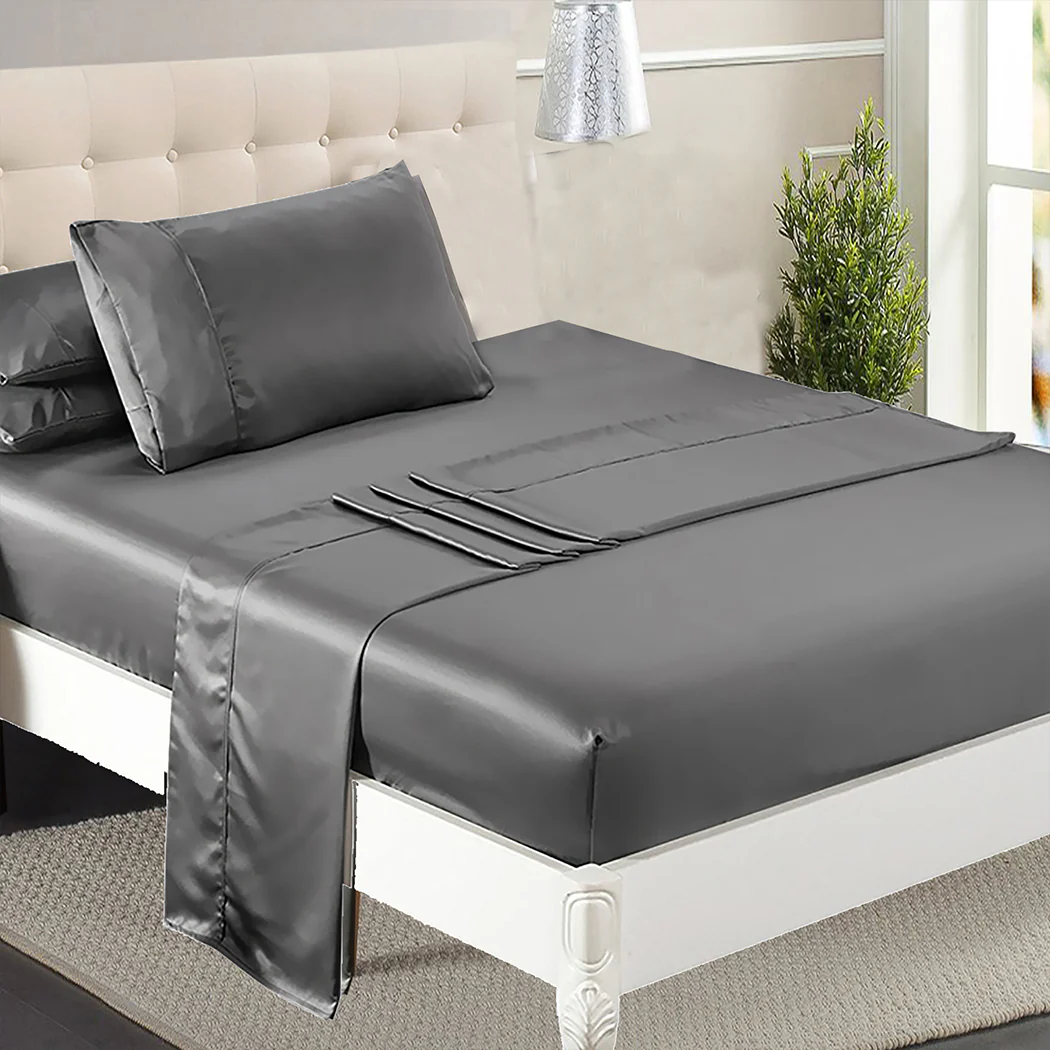 Single Dreamz Silky Satin Sheets Fitted Flat Grey Dark Grey - Nurns