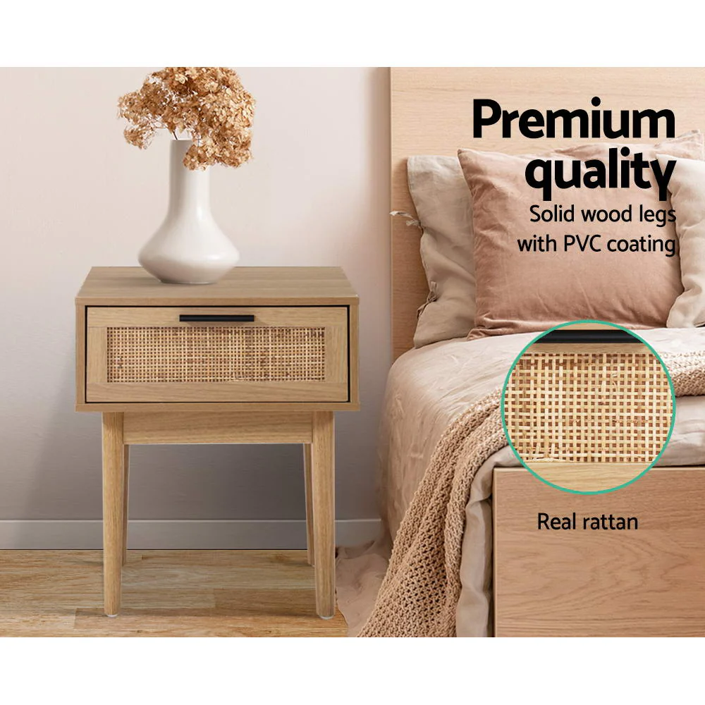 Guelph Wood Rattan Bedside Tables Storage Cabinet Rattan Wood Nightstand - Wood - Nurns