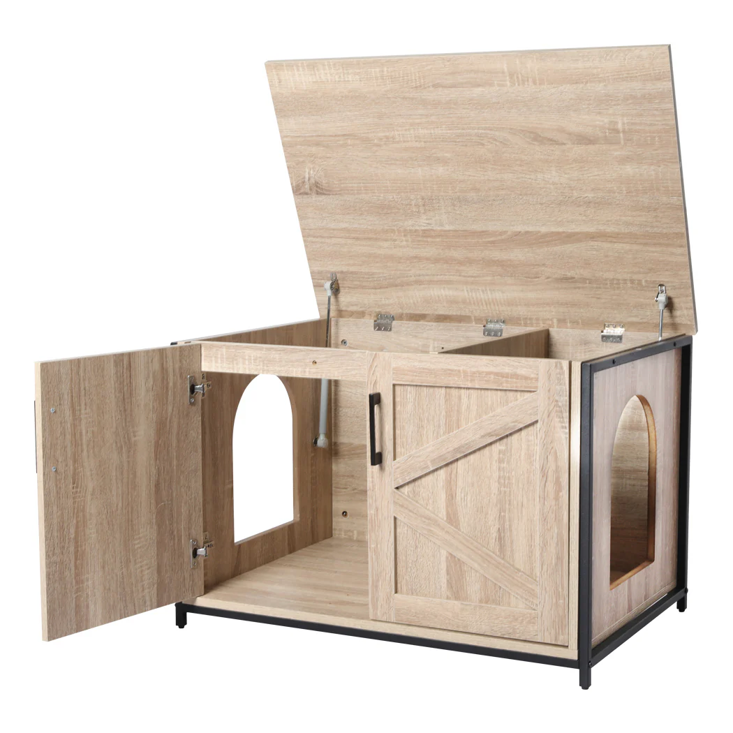 Enclosed Hooded Cat Litter Box Furniture Kitty Toilet Tray Pet House Table - Grey - Nurns