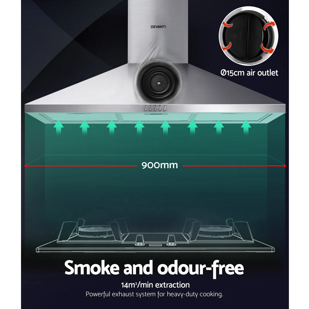 Devanti 900mm Range Hood 90cm Rangehood Stainless Steel - Nurns