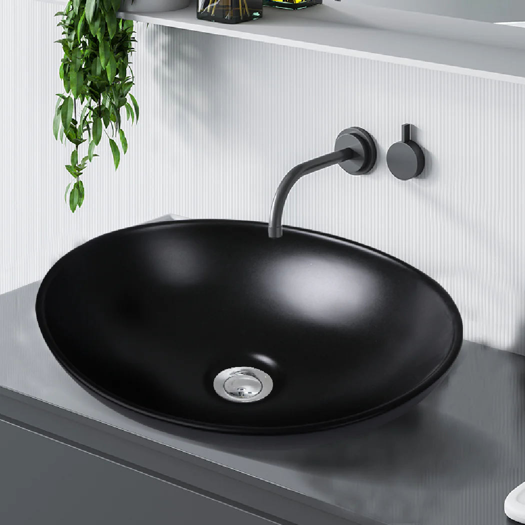 Wash Basin Oval Ceramic Hand Bowl Bathroom Sink Vanity Above Counter Matte Black - Nurns