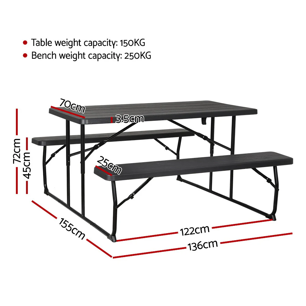 Holden 4-Seater Picnic Patio Bench Camp Folding Table 3-Piece Outdoor Dining Set - Black - Nurns
