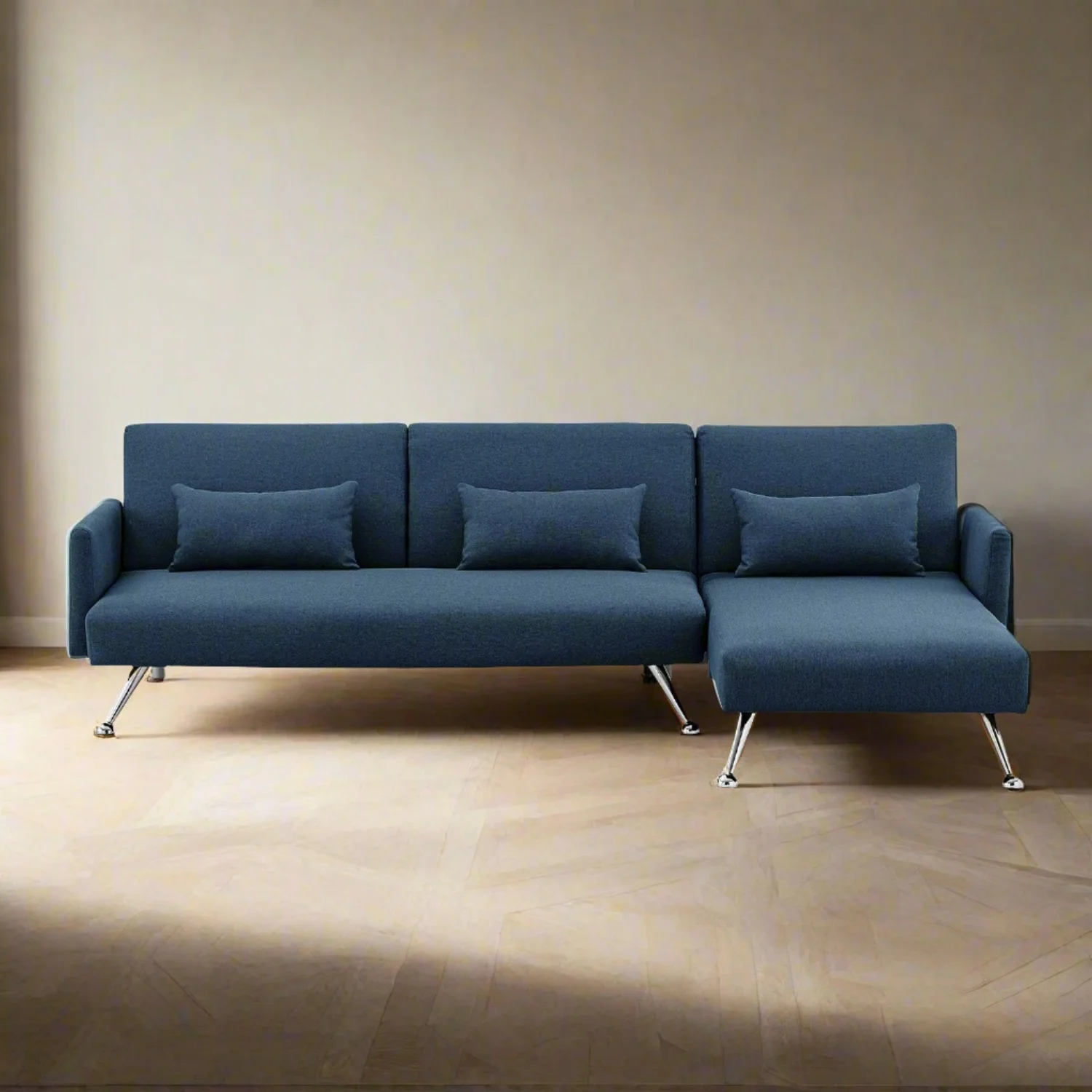 Merritt 3-Seater Chaise Sofa Bed with 3 Pillows - Blue - Nurns